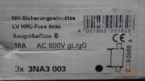 Wkładka bezpiecznikowa 3 sztuki 10A NH0 3NA3003 Siemens Wkładka bezpiecznikowa 3 sztuki 10A NH0 3NA3003 Siemens
