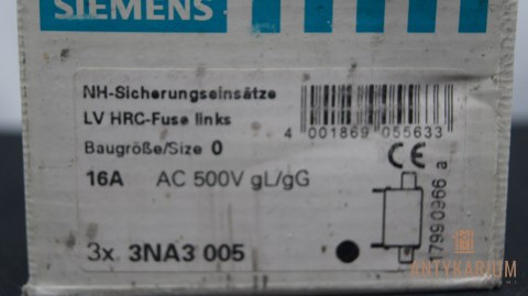 Wkładka bezpiecznikowa 3 sztuki 16A NH0 3NA3005 Siemens Wkładka bezpiecznikowa 3 sztuki 16A NH0 3NA3005 Siemens