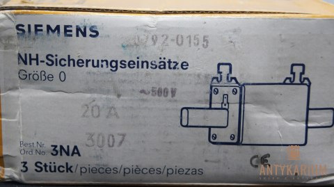 Wkładka bezpiecznikowa 3 sztuki 20A NH0 3NA3007 Siemens