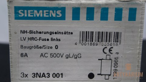 Wkładka bezpiecznikowa 3 sztuki 6A NH0 3NA3001 Siemens Wkładka bezpiecznikowa 3 sztuki 6A NH0 3NA3001 Siemens