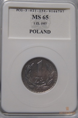 1 zł 1957 aluminium MS 65 skrętka 10%