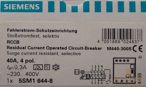 Wyłącznik Róż-prądowy 40A 4POL 300ma 5SM1 644-8 Siemens