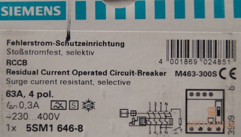 Wyłącznik Róż-prądowy 63A 4POL 300ma 5SM1 646-8 Siemens